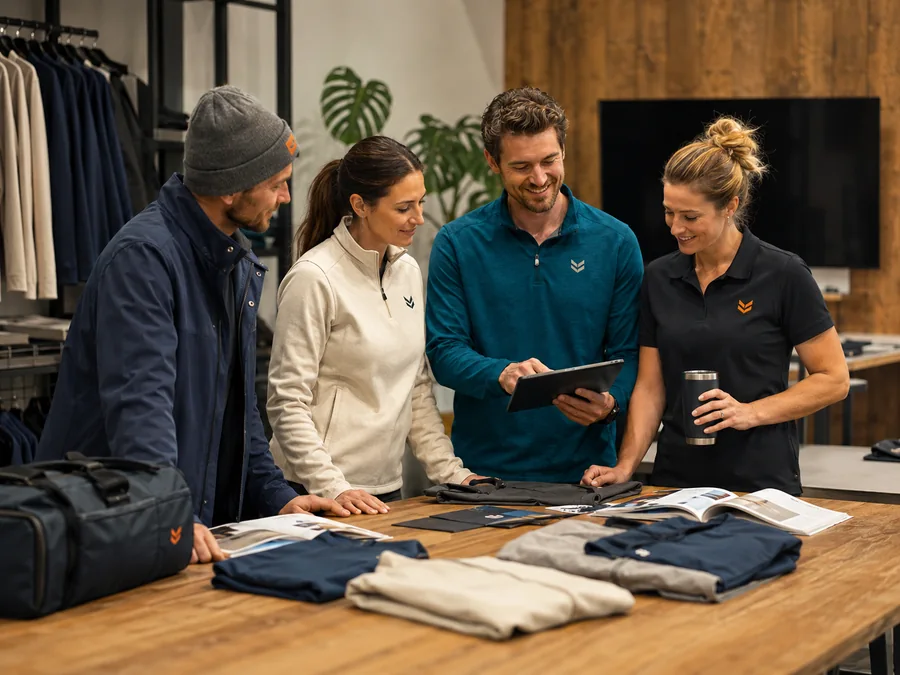 Business staff wearing coordinated branded apparel