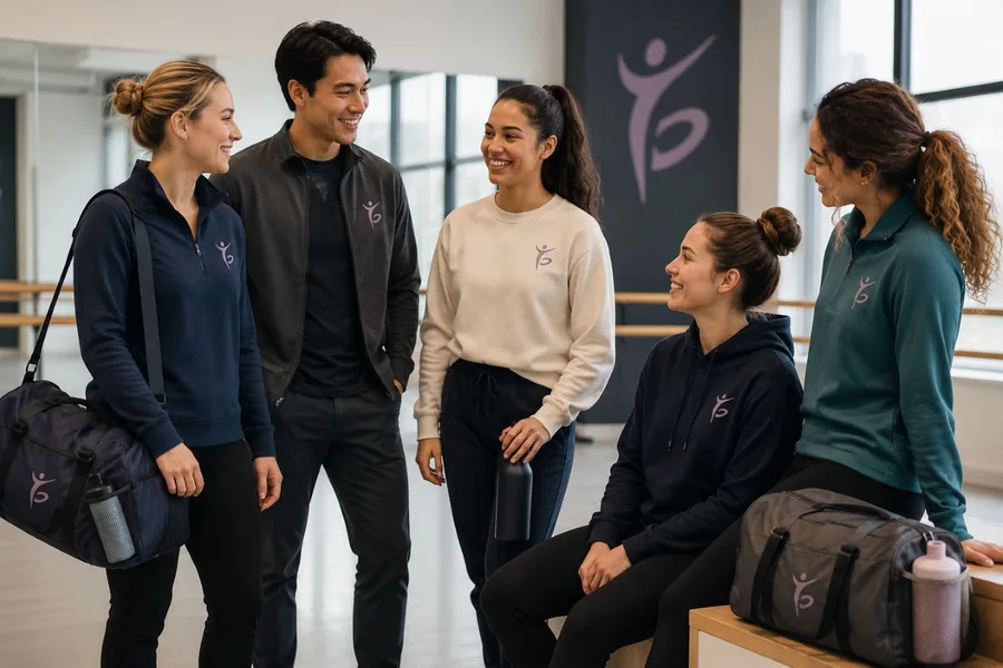 Dance and performing arts group wearing branded apparel