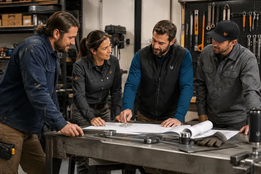 Tradespeople wearing branded workwear